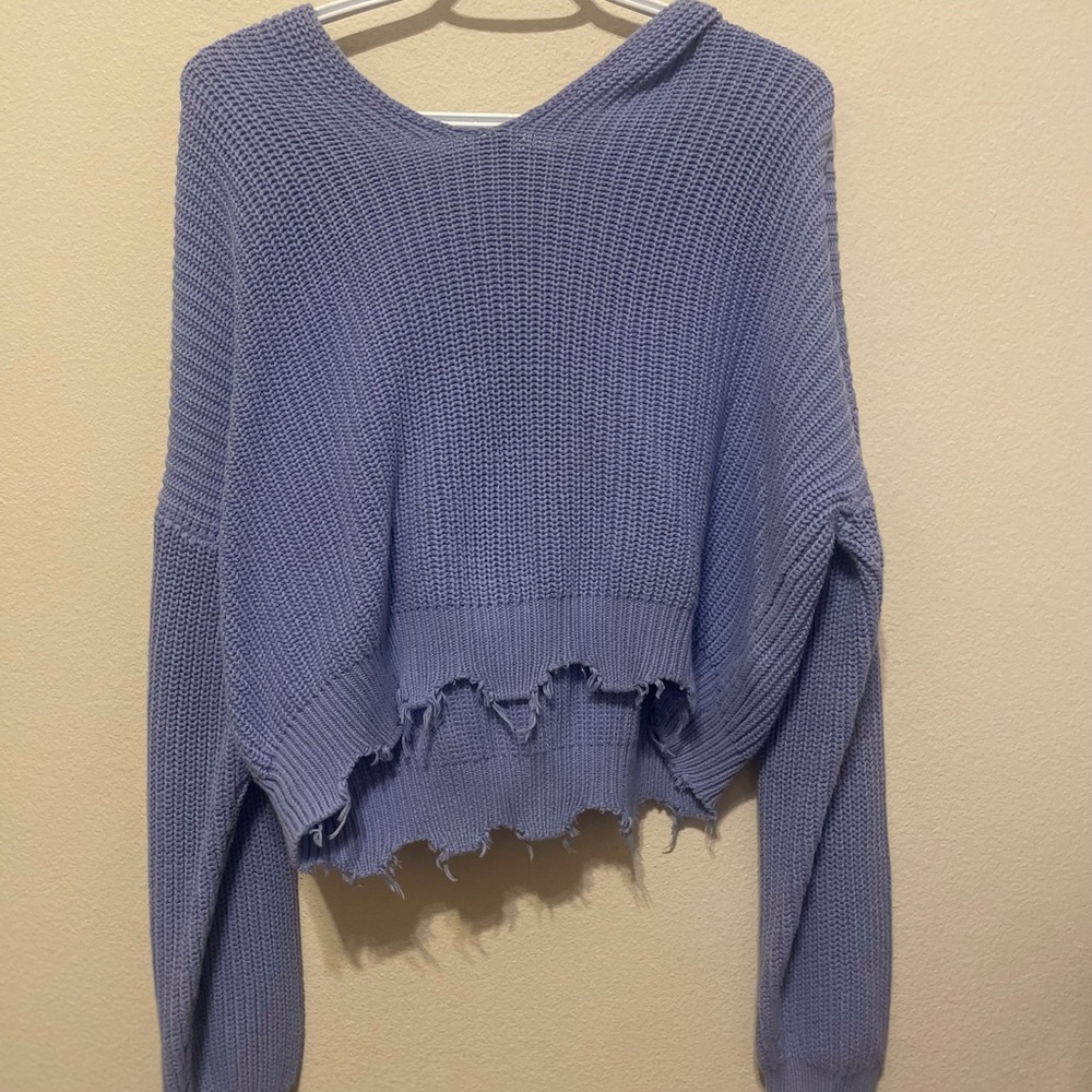 Forever 21 Purple V-Neck Sweater with Distressed Hem